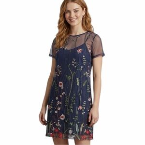 Charlotte Russe Whimsical Fairycore Embroidered Mesh Navy Floral Dress Medium